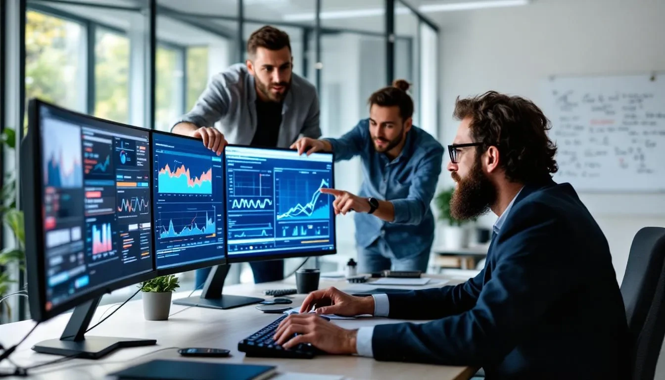 The image depicts a professional engaged in analyzing complex data while collaborating with team members, demonstrating essential soft skills such as effective communication and critical thinking. This scene highlights the importance of teamwork and interpersonal relationships in problem-solving and project management within a modern work environment.